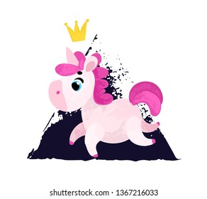 Funny Cartoon unicorn. Vector illustration, poster, card, print 