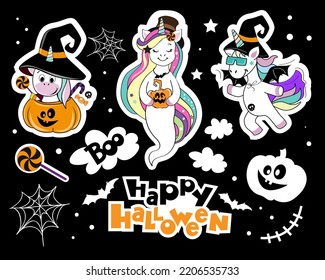 Funny caricatura unicornios disfrazados para la colección de halloween. Ilustración vectorial. Insignias de parche de moda