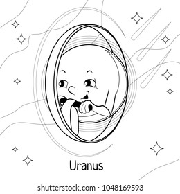 Funny cartoon Uranus. Black and white vector illustration for children's coloring book