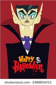 Funny cartoon vampire character design with big open mouth, tongue, fangs. Halloween illustration of count dracula vector isolated.