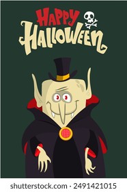 Funny cartoon vampire character design with big open mouth, tongue, fangs. Halloween illustration of count dracula vector isolated.