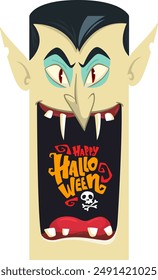 Lustiges Cartoon-Vampir-Charakter-Design mit großem offenen Mund, Zunge, Reißzähnen. Graf Dracula Gesichtsmaske Avatar. Halloween Illustration Vektorgrafik isoliert. Party- oder Verpackungsdesign.