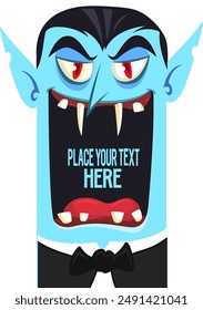 Funny cartoon vampire character design with big open mouth, tongue, fangs. Count dracula face mask avatar. Halloween illustration vector isolated. Party or package design.