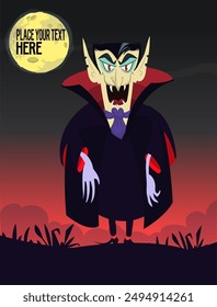 Funny cartoon vampire character design with big open mouth, tongue, fangs standing on night background. Halloween illustration vector isolated.