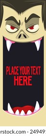 Funny cartoon vampire character design with big open mouth, tongue, fangs. Vampire face mask avatar. Halloween illustration vector isolated. Party or package design