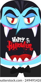 Divertido dibujo animado vampiro personaje de diseño con gran boca abierta, lengua, colmillos. Contar drácula máscara facial avatar. Vector de ilustración de Halloween aislado. Diseño de fiesta o paquete.