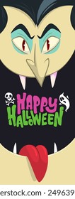Funny cartoon vampire character design with big open mouth, tongue, fangs. Vampire face mask avatar. Halloween illustration vector isolated. Party or package design