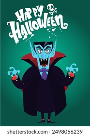Funny cartoon vampire character design with big open mouth, tongue, fangs standing on night background. Halloween illustration vector isolated 