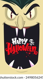 Diseño divertido del carácter del vampiro de la historieta con la boca abierta grande, lengua, colmillos. Cuenta el avatar de la máscara facial drácula. Vector de ilustración de Halloween aislado. Diseño de fiesta o paquete.