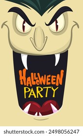 Funny cartoon vampire character design with big open mouth, tongue, fangs. Vampire face mask avatar. Halloween illustration vector isolated. Party or package design