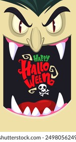 Diseño divertido del carácter del vampiro de la historieta con la boca abierta grande, lengua, colmillos. Avatar de máscara de cara de vampiro. Vector de ilustración de Halloween aislado. Diseño del partido o del paquete