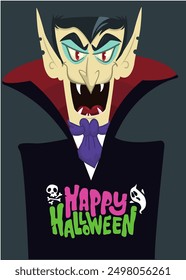 Diseño divertido del carácter del vampiro de la historieta con la boca abierta grande, lengua, colmillos. Ilustración de Halloween del Vector del conde dracula aislado.