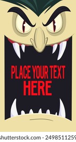 Funny cartoon vampire character design with big open mouth, tongue, fangs. Count dracula face mask avatar. Halloween illustration vector isolated. Party or package design.