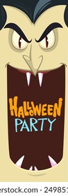 Diseño divertido del carácter del vampiro de la historieta con la boca abierta grande, lengua, colmillos. Avatar de máscara de cara de vampiro. Vector de ilustración de Halloween aislado. Diseño del partido o del paquete
