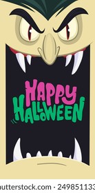 Diseño divertido del carácter del vampiro de la historieta con la boca abierta grande, lengua, colmillos. Cuenta el avatar de la máscara facial drácula. Vector de ilustración de Halloween aislado. Diseño de fiesta o paquete.