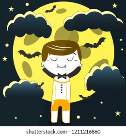 Funny cartoon vampire kid with moon and bats. Vector illustration
