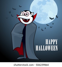 Funny cartoon vampire with moon. Vector illustration of Dracula