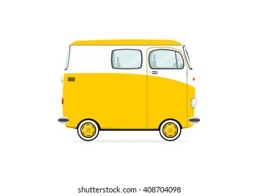 Funny cartoon van on a white background. Flat vector.