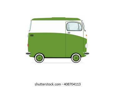 Funny cartoon van on a white background. Flat vector.