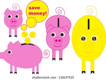 funny cartoon vector backdrop design with pink and yellow piggy banks and speech bubble with save money text isolated on white background