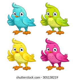 Funny cartoon vector bird, different color variants, isolated on white