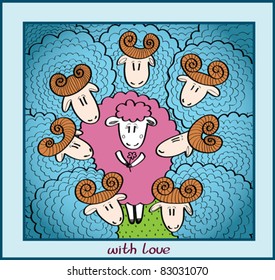 Funny cartoon vector card with one pink pretty sheep and group blue rams
