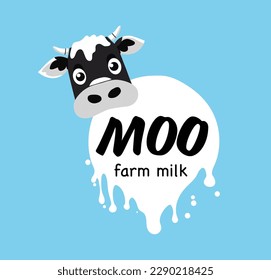Funny cartoon vector cow face with grass logo template. Fresh organic meat farmer products Logotype concept icon
