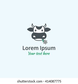 Funny cartoon vector cow with flower logo template. 