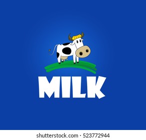 Funny cartoon vector cow standing on grass on blue background. Vector