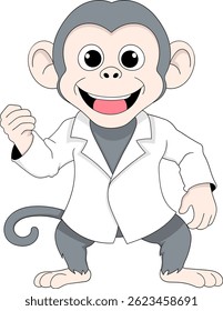 Funny cartoon vector of a cute monkey character wearing a white medical lab coat, symbolizing a doctor or scientist