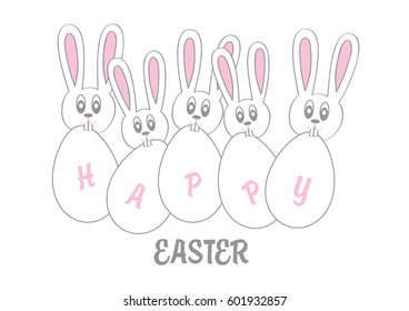 funny cartoon vector easter bunnies and eggs illustration isolated on white background