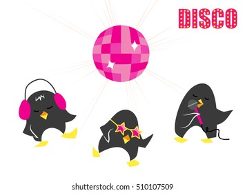 Funny cartoon vector flyer, Disco ball and singing, dancing and listening to music penguins