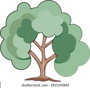 Funny cartoon vector green tree in pastel house. Fully editable. Cute nursery illustration on white background. Ready for print. Can be used for sticker, poster, print, fabric, textile