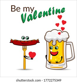 Funny Cartoon Vector Illustration About Beer And Life. International Beer Day. Big Mug of beer. A pint of beer. Valentine's Day