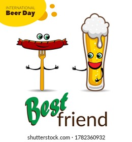 Funny Cartoon Vector Illustration About Beer And Life. International Beer Day. Glass of Beer and Sausage.
