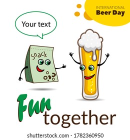 Funny Cartoon Vector Illustration About Beer And Life. International Beer Day. Glass of Beer and Sausage.