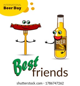 Graciosa Ilustración Del Vector De Caricaturas Sobre La Cerveza Y La Vida. Día Internacional de la Cerveza. Botella de cerveza y salchicha.