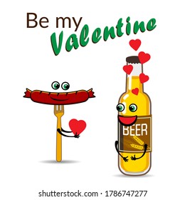 Funny Cartoon Vector Illustration About Beer And Life. International Beer Day. Bottle of Beer and Sausage. Valentine's Day