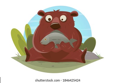 funny cartoon vector illustration of a bear eating a fish