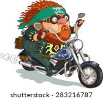 Funny cartoon. Vector illustration. A bearded biker rides a motorcycle. Isolated objects. 
