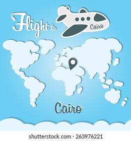 Funny cartoon vector illustration of clouds world and airplane. Main inscription "Flight to Cairo"