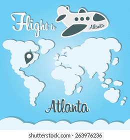 Funny cartoon vector illustration of clouds world and airplane. Main inscription "Flight to Atlanta"