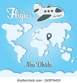Graciosa caricatura que ilustra el mundo de las nubes y el avión. Inscripción principal "Vuelo a Abu Dhabi"