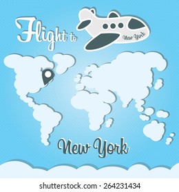 Funny cartoon vector illustration of clouds world and airplane. Main inscription "Flight to New York".