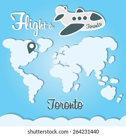 Funny cartoon vector illustration of clouds world and airplane. Main inscription "Flight to Toronto".