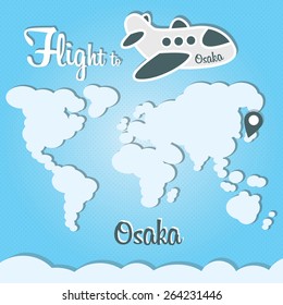 Funny cartoon vector illustration of clouds world and airplane. Main inscription "Flight to Osaka".