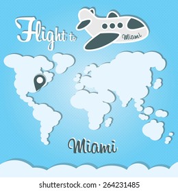 Funny cartoon vector illustration of clouds world and airplane. Main inscription "Flight to Miami".