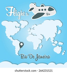 Funny cartoon vector illustration of clouds world and airplane. Main inscription "Flight to Rio".