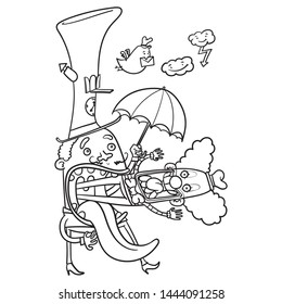 funny cartoon vector illustration of a clown spitting out a clown. t-shirt, disturbing, grafitti, street art, character, bird, umbrella, cylinder, tongue, gag, nausea, swallowed, drawing, doodle, sket