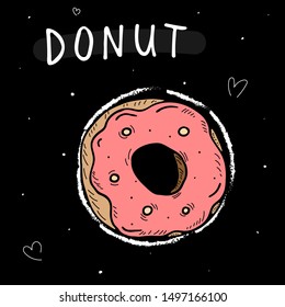 Funny cartoon vector illustration with a colored donut, the inscription, decorative elements on a neutral background. food theme. 
